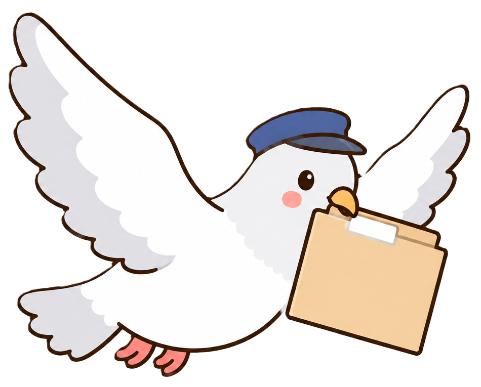 書類フォルダをくわえて飛ぶ、でんしょ便の鳩